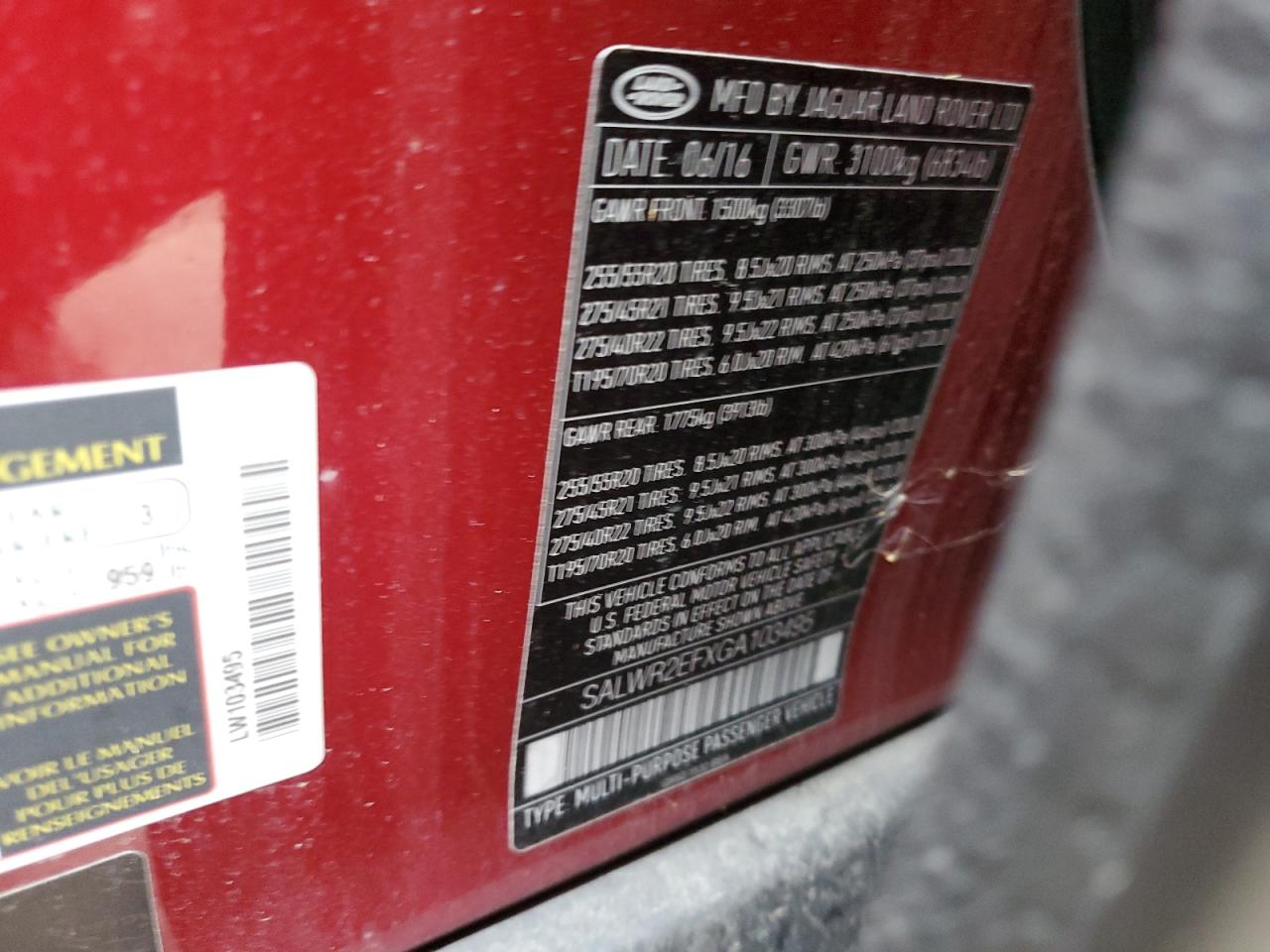 2016 Land Rover Range Rover Sport Sc VIN: SALWR2EFXGA103495 Lot: 93400325