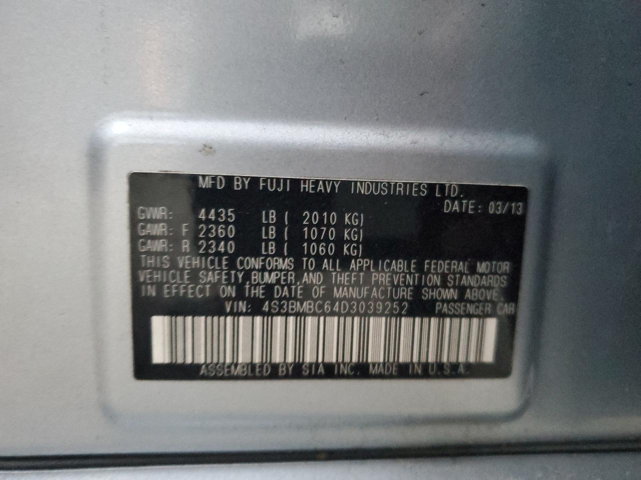 2013 Subaru Legacy 2.5I Premium VIN: 4S3BMBC64D3039252 Lot: 91392395