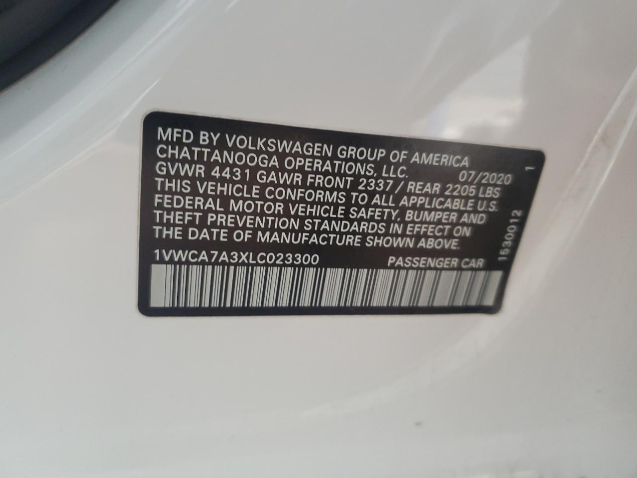 2020 Volkswagen Passat Sel VIN: 1VWCA7A3XLC023300 Lot: 93286845