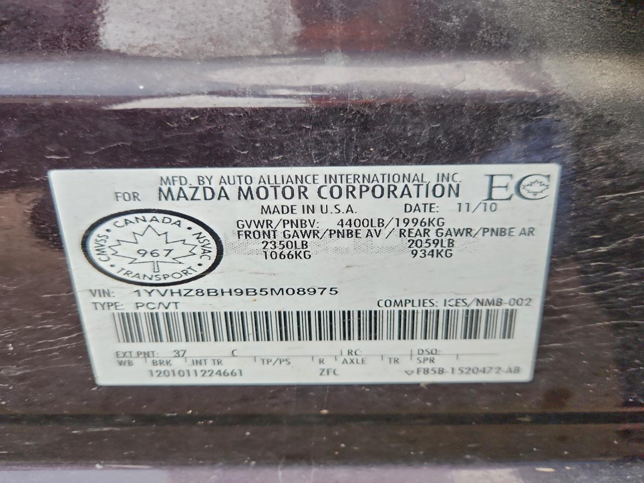 2011 Mazda 6 I VIN: 1YVHZ8BH9B5M08975 Lot: 94046025