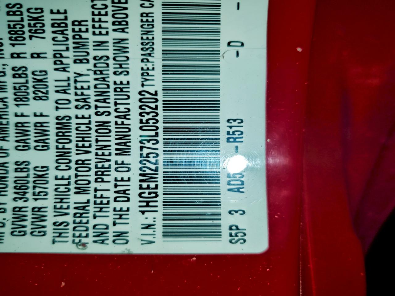 2003 Honda Civic Lx VIN: D53202 Lot: 94600795