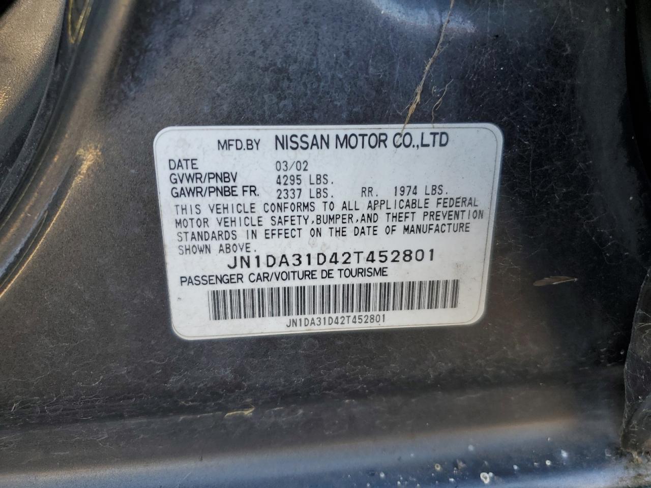 2002 Nissan Maxima Gle VIN: JN1DA31D42T452801 Lot: 91105345