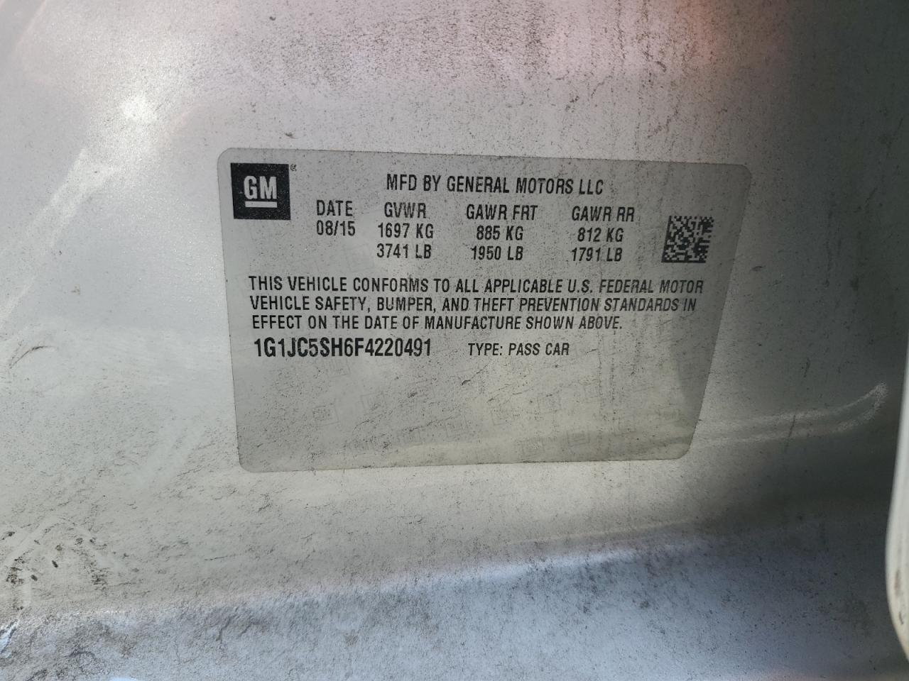2015 Chevrolet Sonic Lt VIN: 1G1JC5SH6F4220491 Lot: 93917385