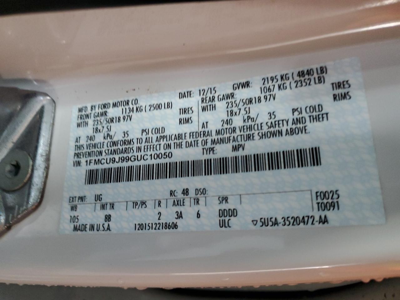 2016 Ford Escape Titanium VIN: 1FMCU9J99GUC10050 Lot: 93259365