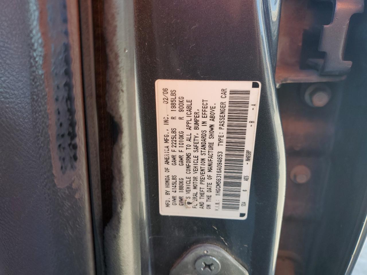 2006 Honda Accord Se VIN: 1HGCM56316A094653 Lot: 91143305