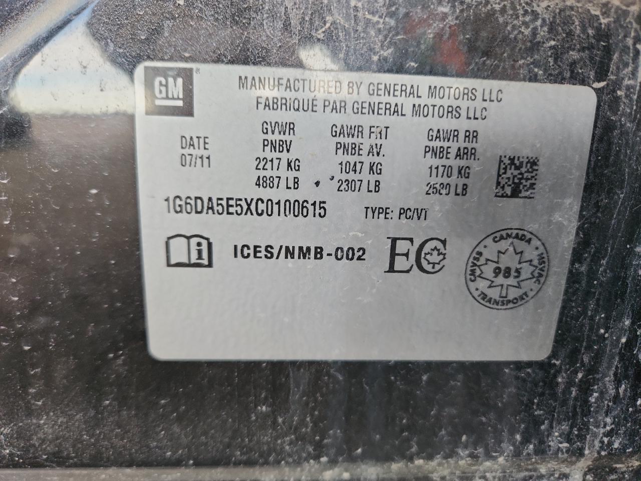 2012 Cadillac Cts VIN: 1G6DA5E5XC0100615 Lot: 92315375