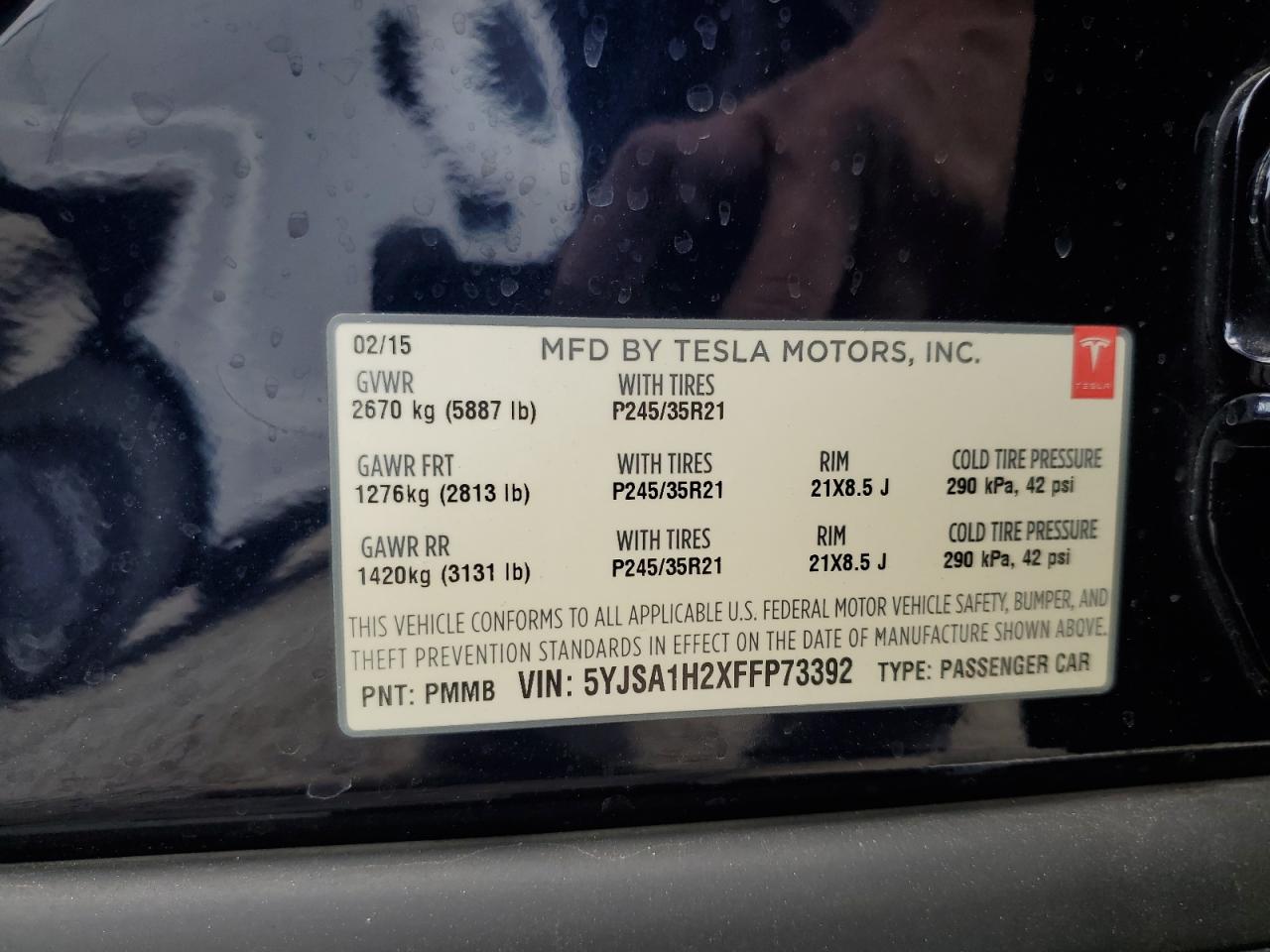 2015 Tesla Model S 85D VIN: 5YJSA1H2XFFP73392 Lot: 92935565