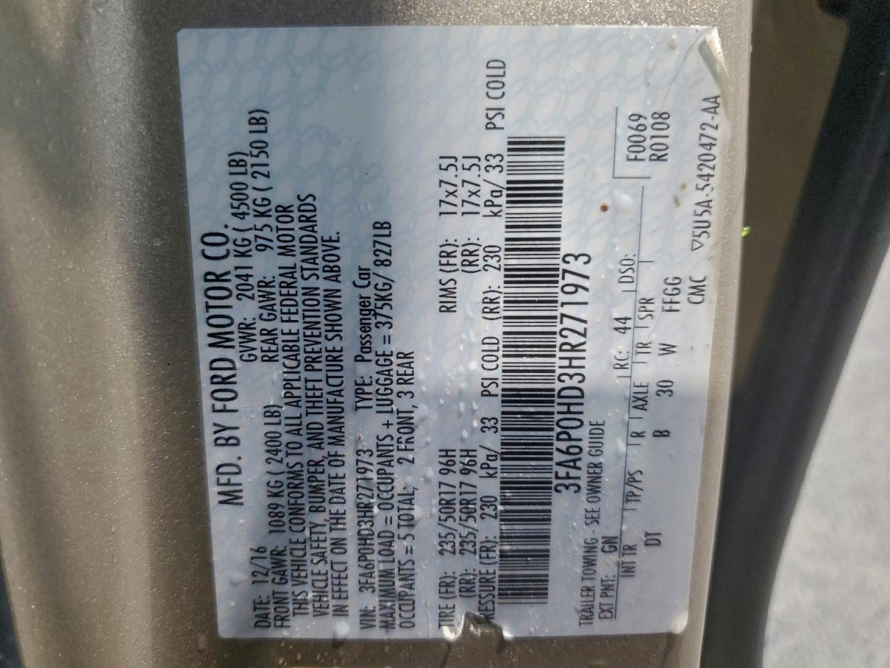 2017 Ford Fusion Se VIN: 3FA6P0HD3HR271973 Lot: 94079755