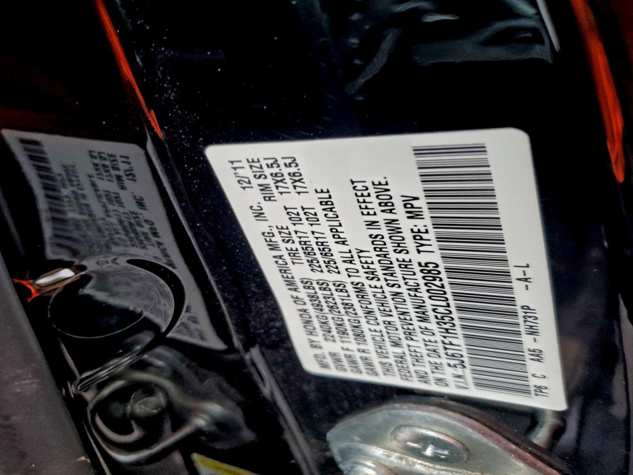 2012 Honda Crosstour Ex VIN: 5J6TF1H35CL002985 Lot: 93779795