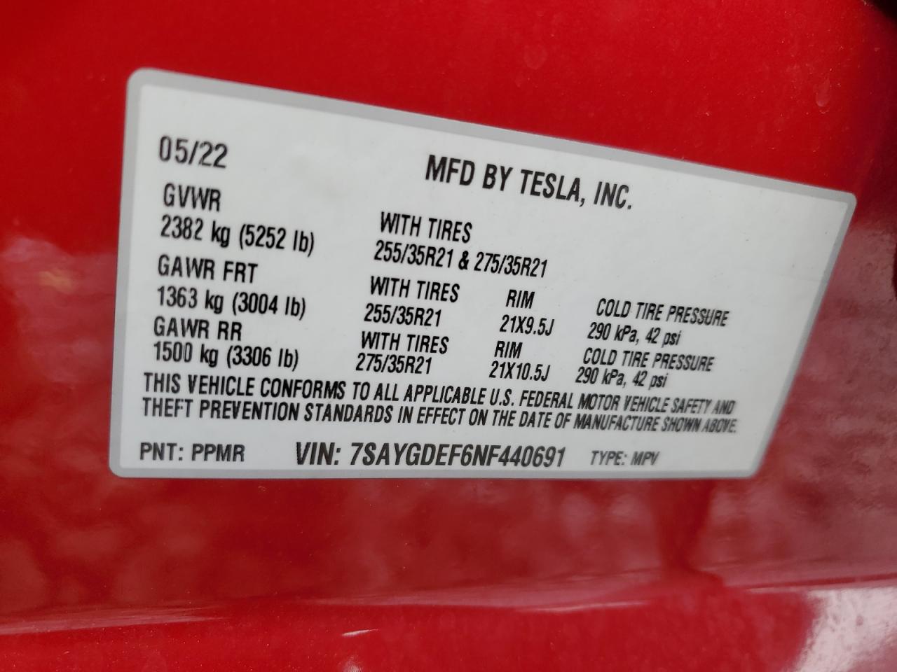 2022 Tesla Model Y VIN: 7SAYGDEF6NF440691 Lot: 91857495