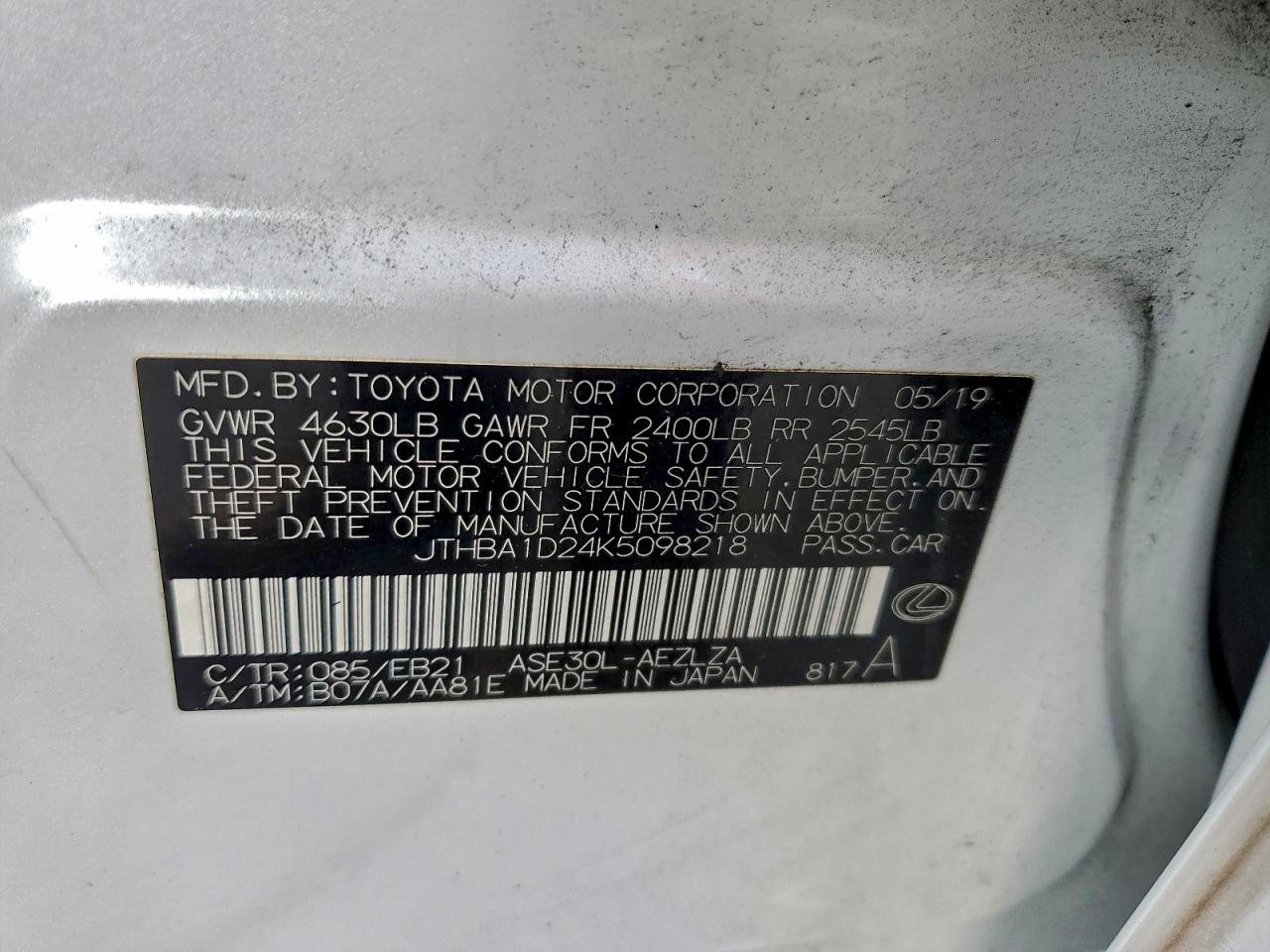 2019 Lexus Is 300 VIN: JTHBA1D24K5098218 Lot: 91318645