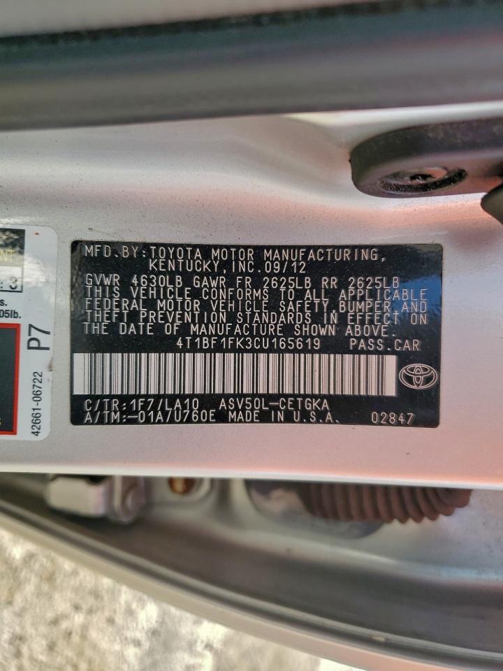 2012 Toyota Camry Base VIN: 4T1BF1FK3CU165619 Lot: 93836005