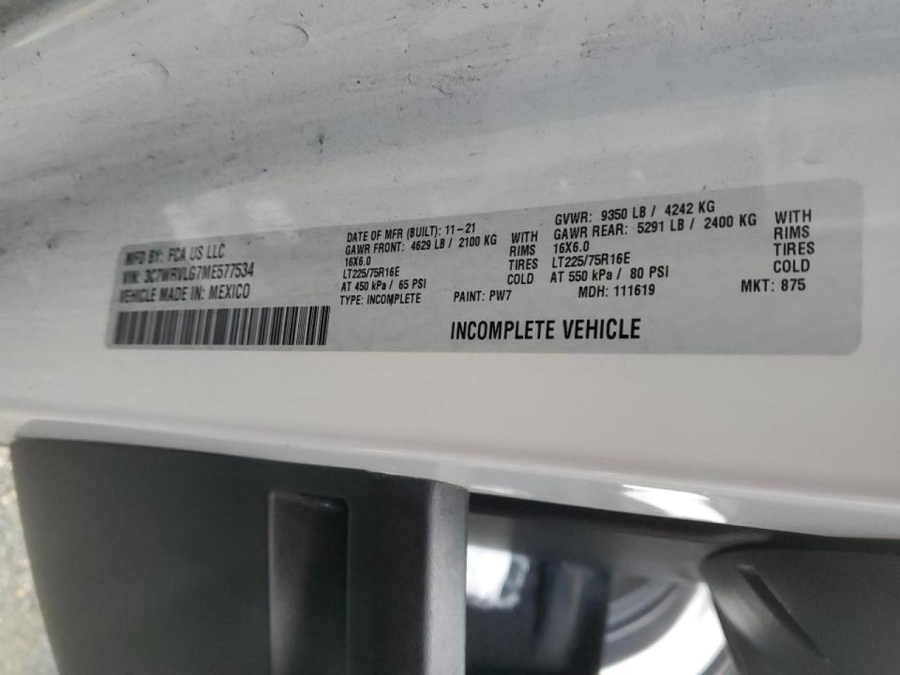 2021 Ram Promaster 3500 Box Truck VIN: 3C7WRVLG7ME577534 Lot: 90829265