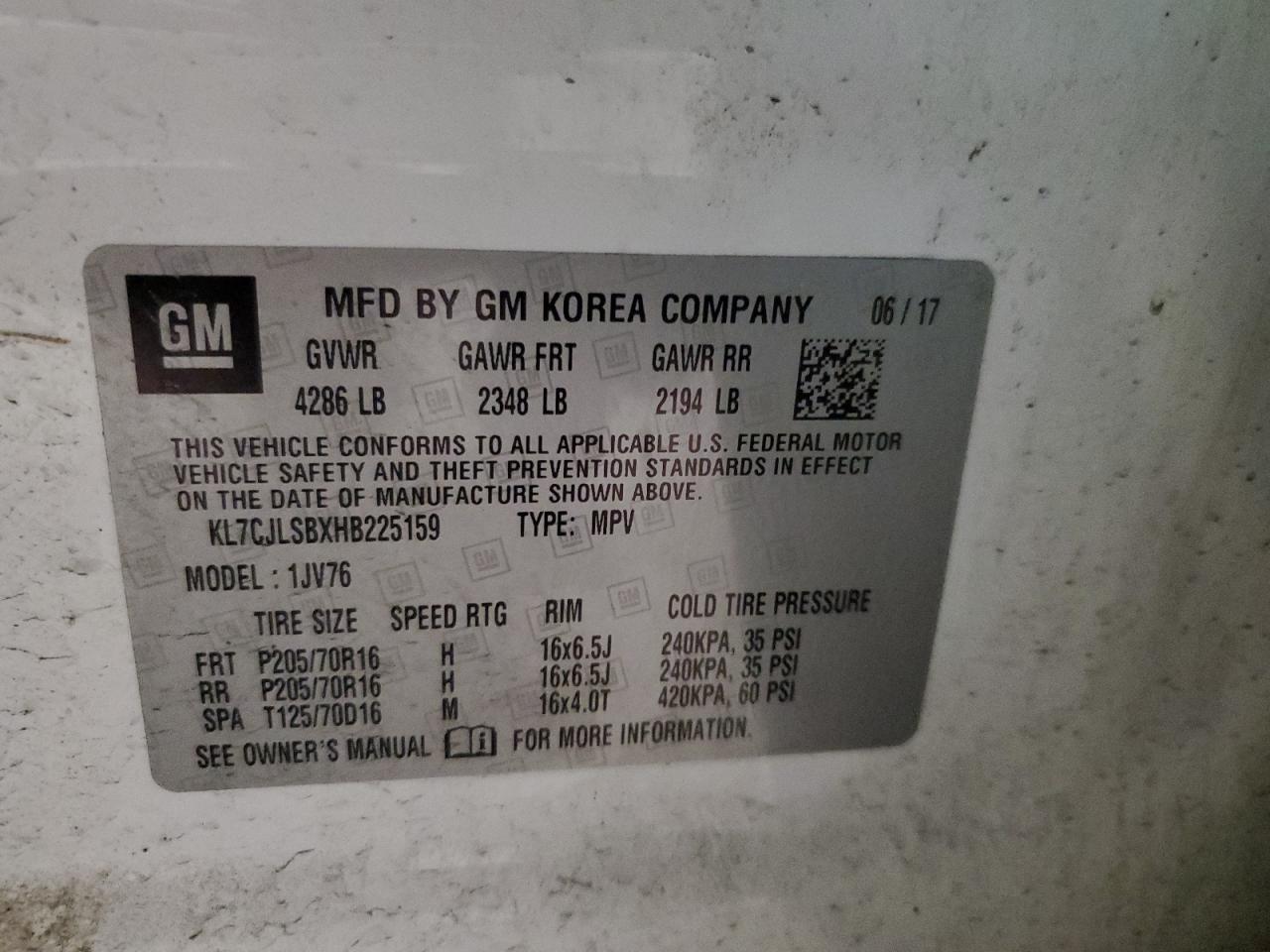 2017 Chevrolet Trax 1Lt VIN: KL7CJLSBXHB225159 Lot: 93398825