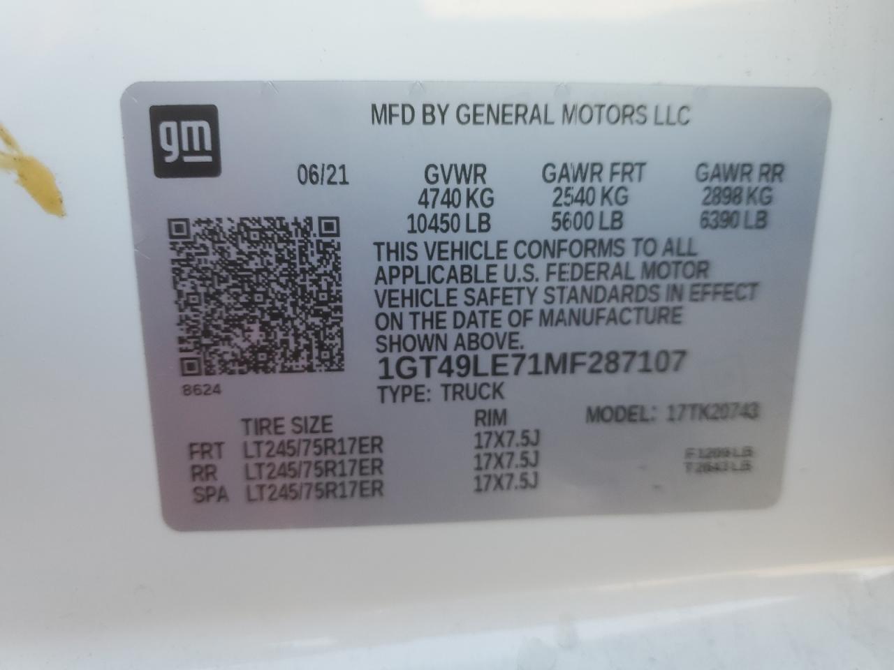 2021 GMC Sierra K2500 Heavy Duty VIN: 1GT49LE71MF287107 Lot: 91784825