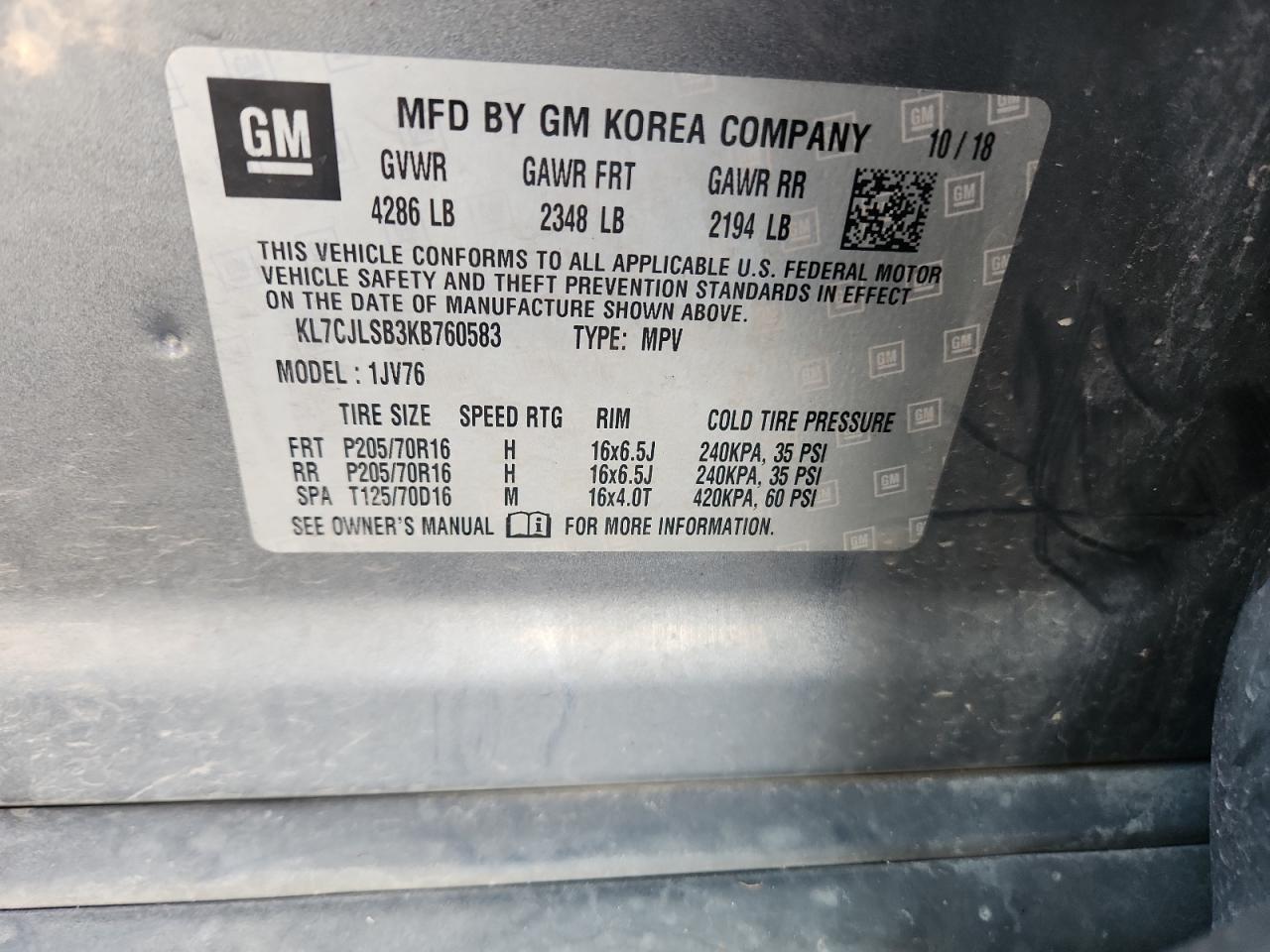 2019 Chevrolet Trax 1Lt VIN: KL7CJLSB3KB760583 Lot: 92438825