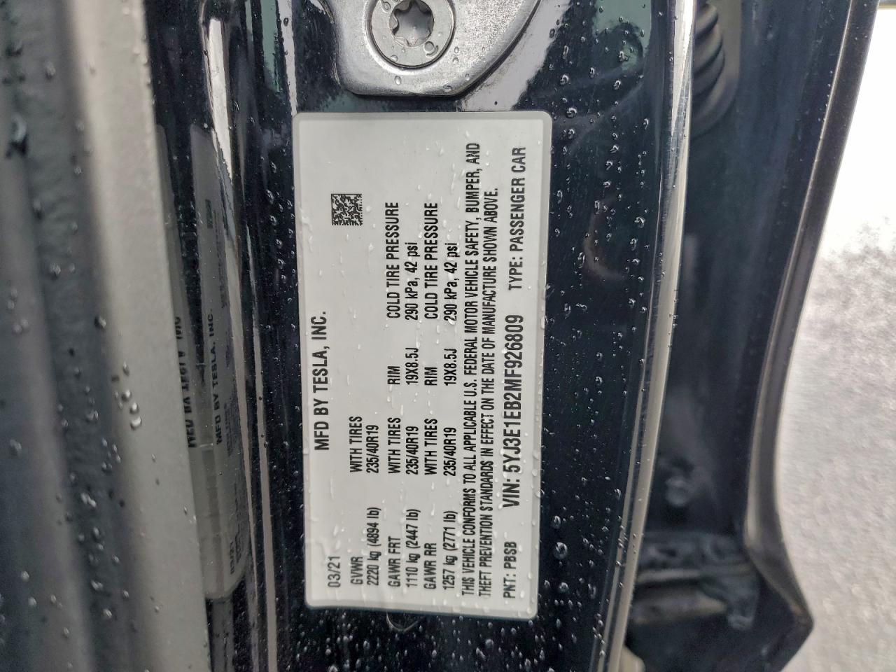 2021 Tesla Model 3 VIN: 5YJ3E1EB2MF926809 Lot: 94709455