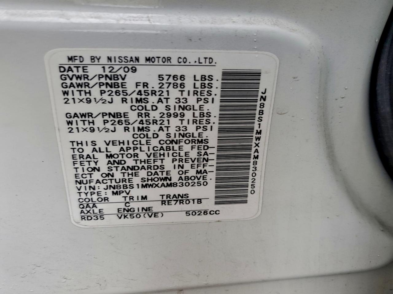 2010 Infiniti Fx50 VIN: JN8BS1MWXAM830250 Lot: 93629355