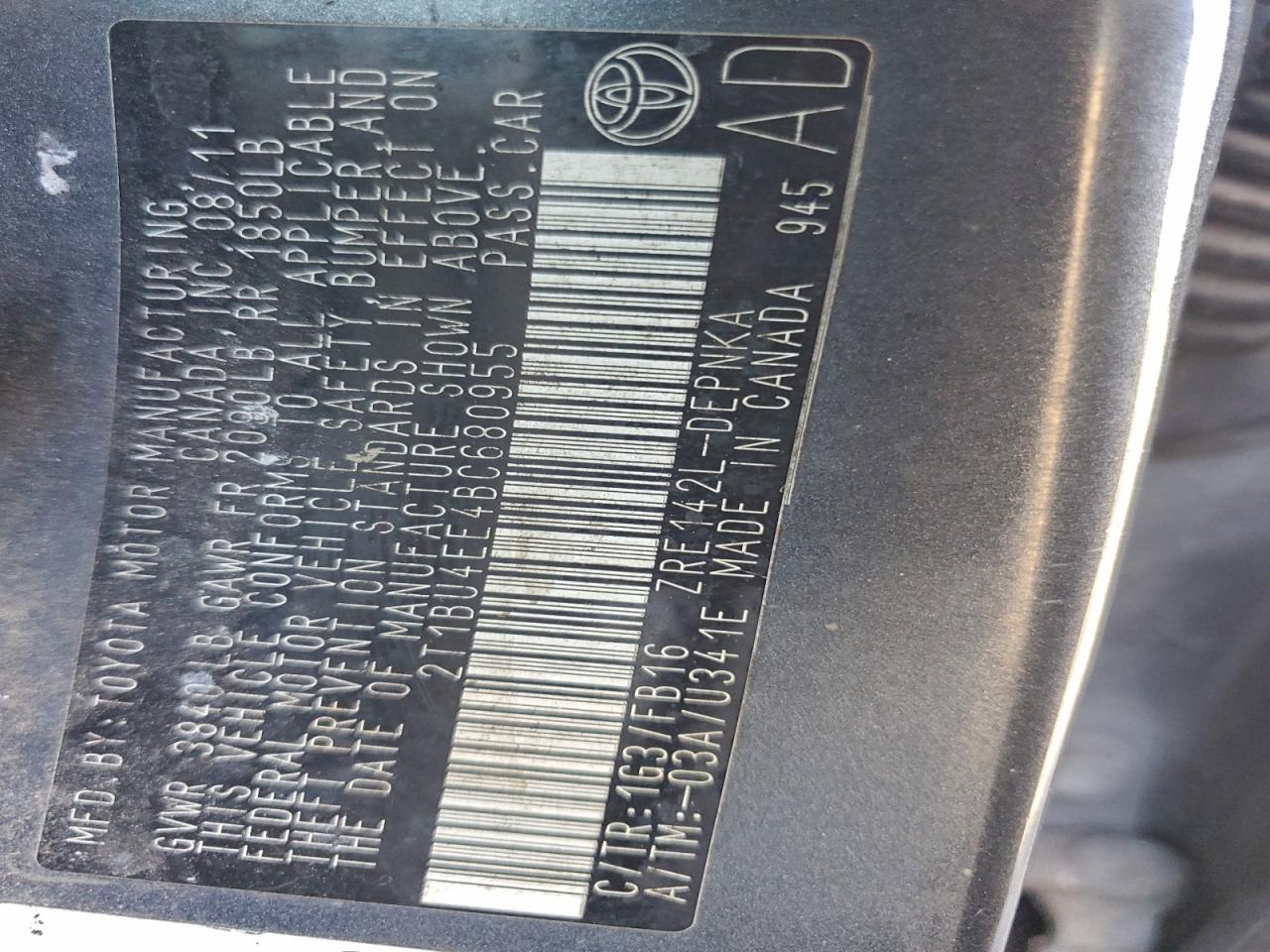 2011 Toyota Corolla Base VIN: 2T1BU4EE4BC680955 Lot: 94050255