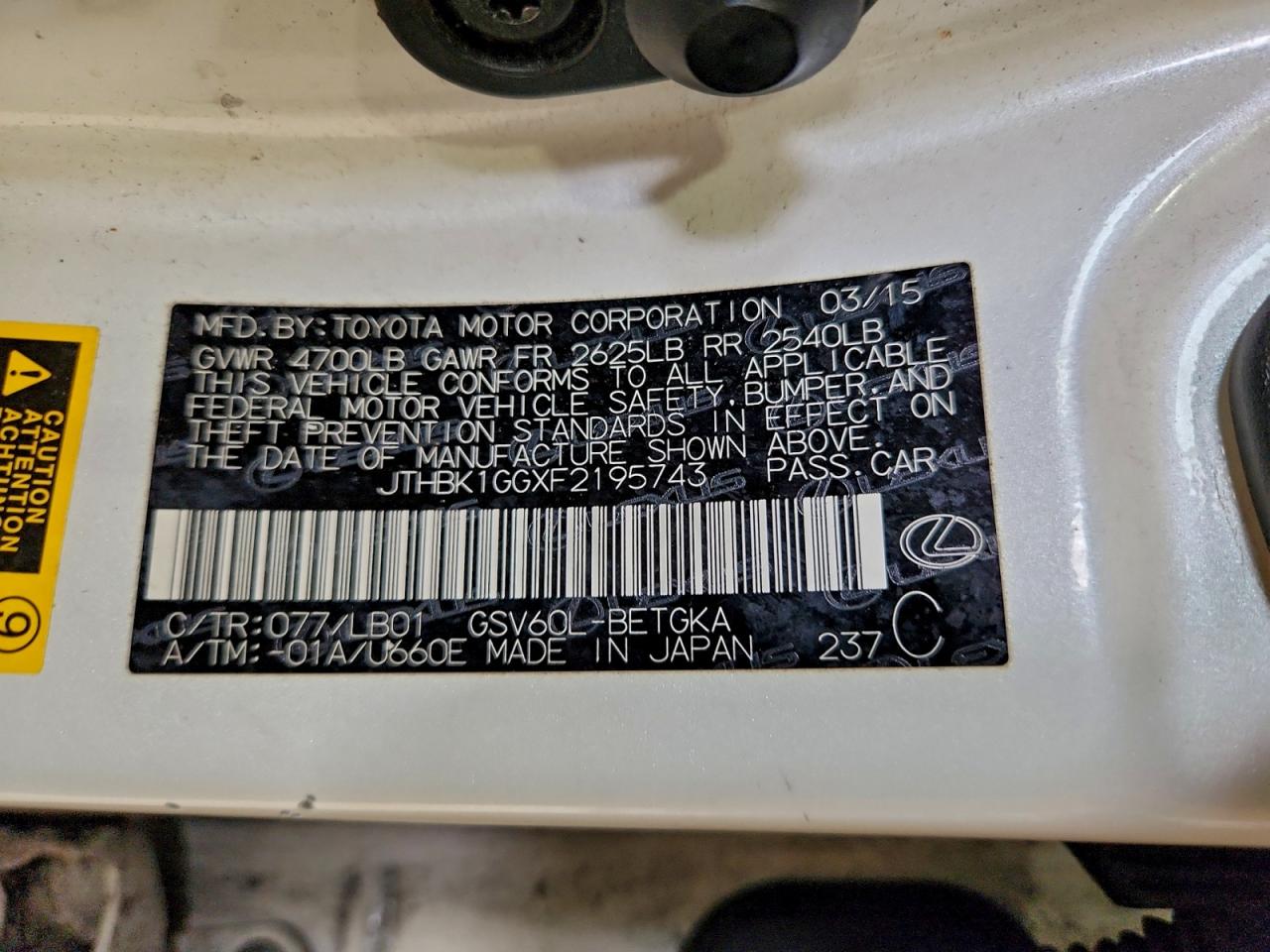 2015 Lexus Es 350 VIN: JTHBK1GGXF2195743 Lot: 94161505