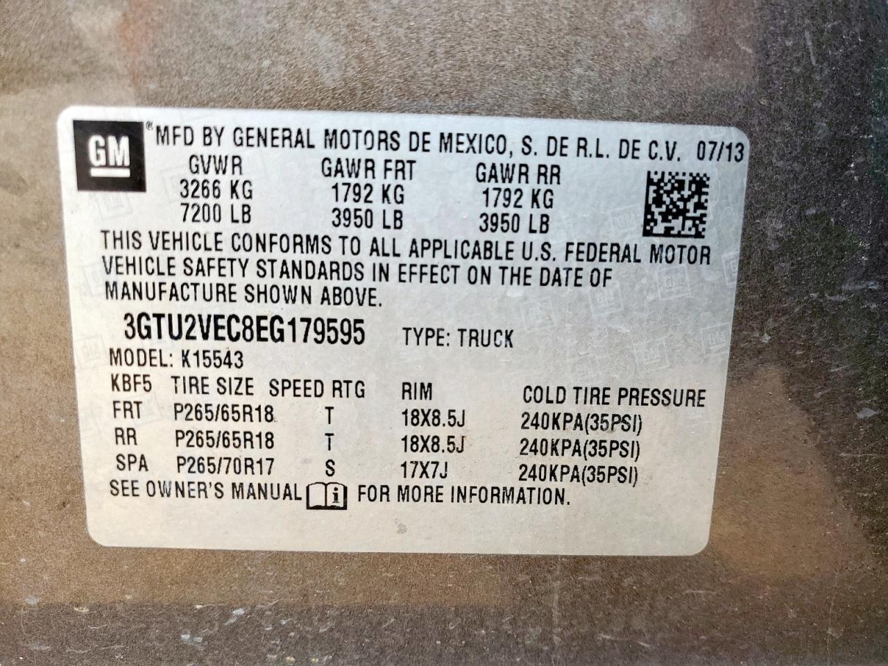 2014 GMC Sierra K1500 Slt VIN: 3GTU2VEC8EG179595 Lot: 93403665