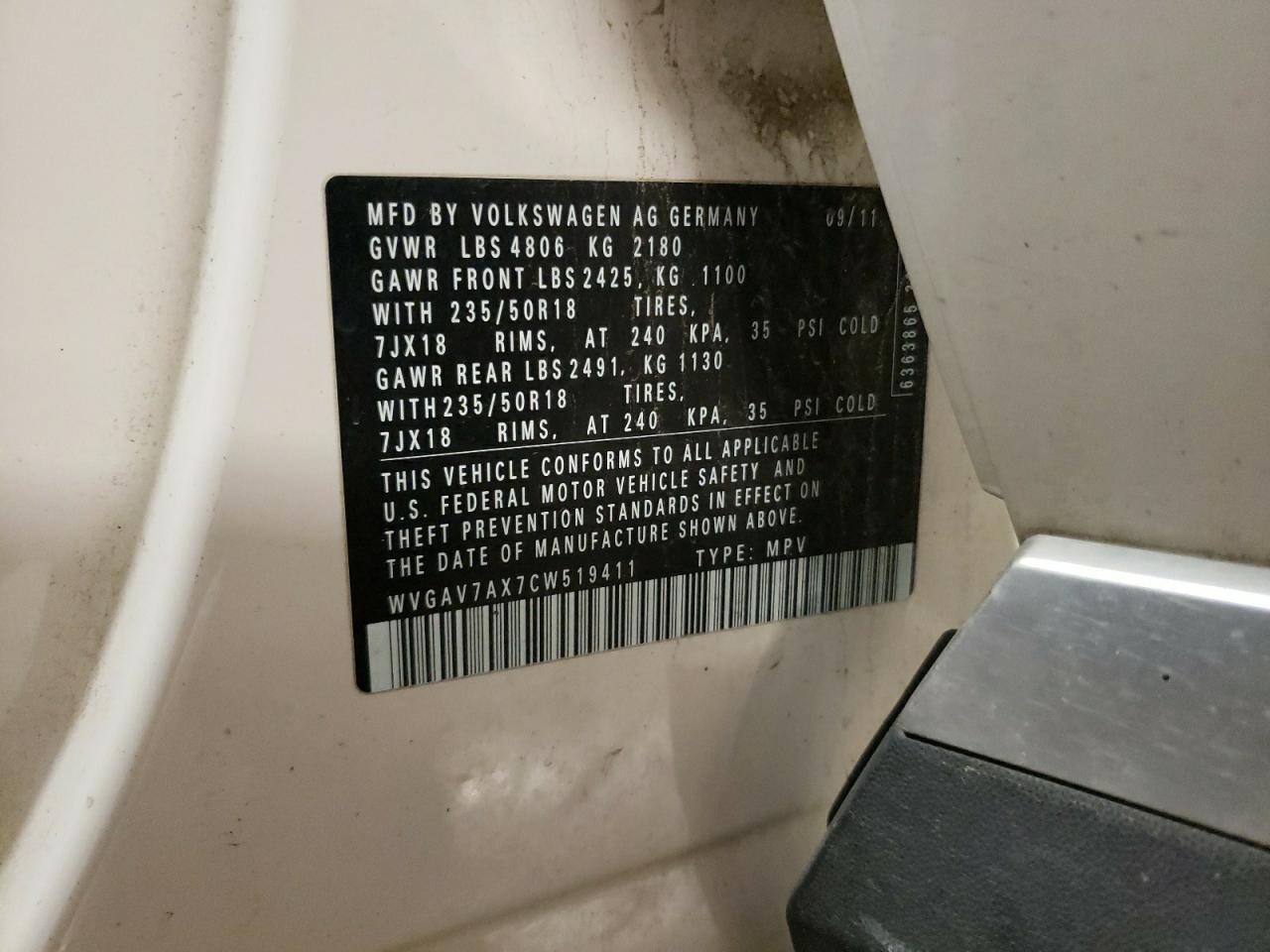 2012 Volkswagen Tiguan S VIN: WVGAV7AX7CW519411 Lot: 93674035