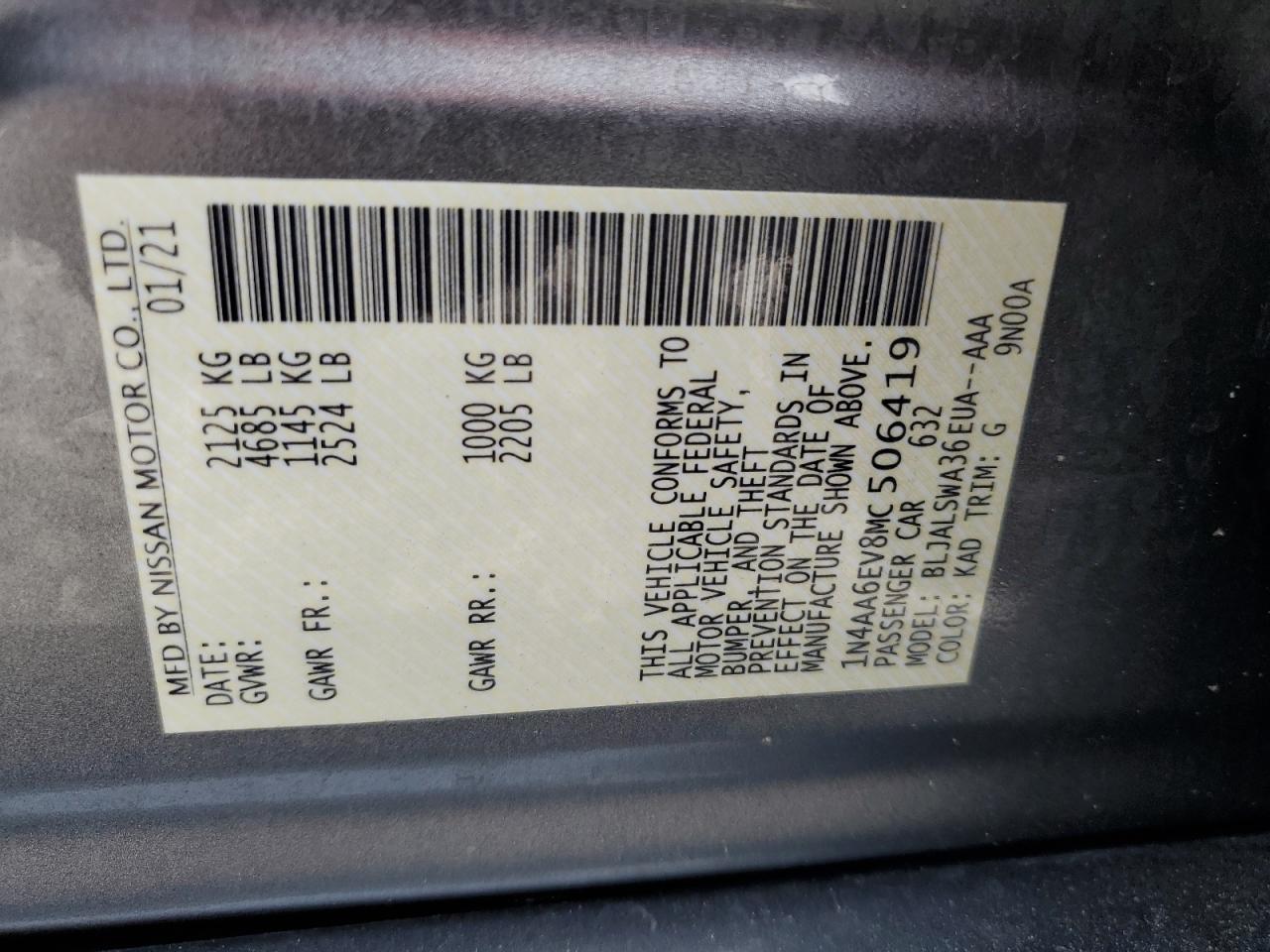 2021 Nissan Maxima Sr VIN: 1N4AA6EV8MC506419 Lot: 92260745