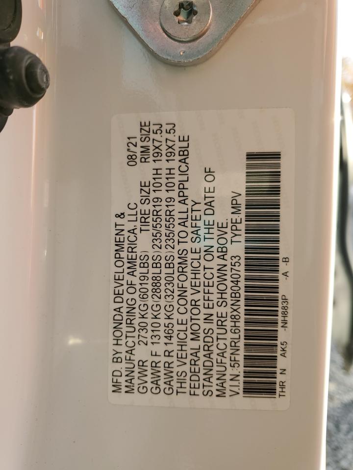 2022 Honda Odyssey Touring VIN: 5FNRL6H8XNB040753 Lot: 92118385