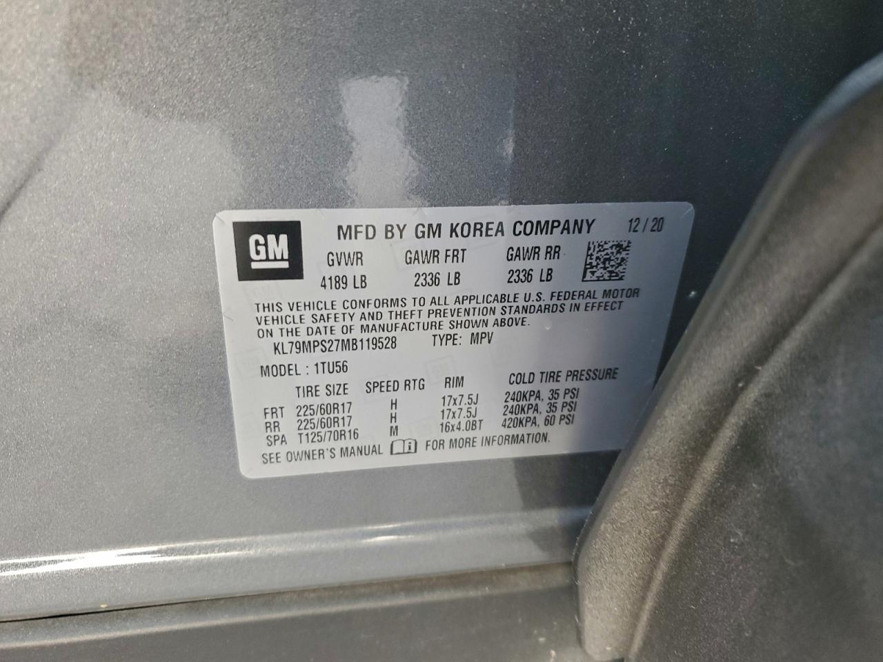 2021 Chevrolet Trailblazer Lt VIN: KL79MPS27MB119528 Lot: 94147095