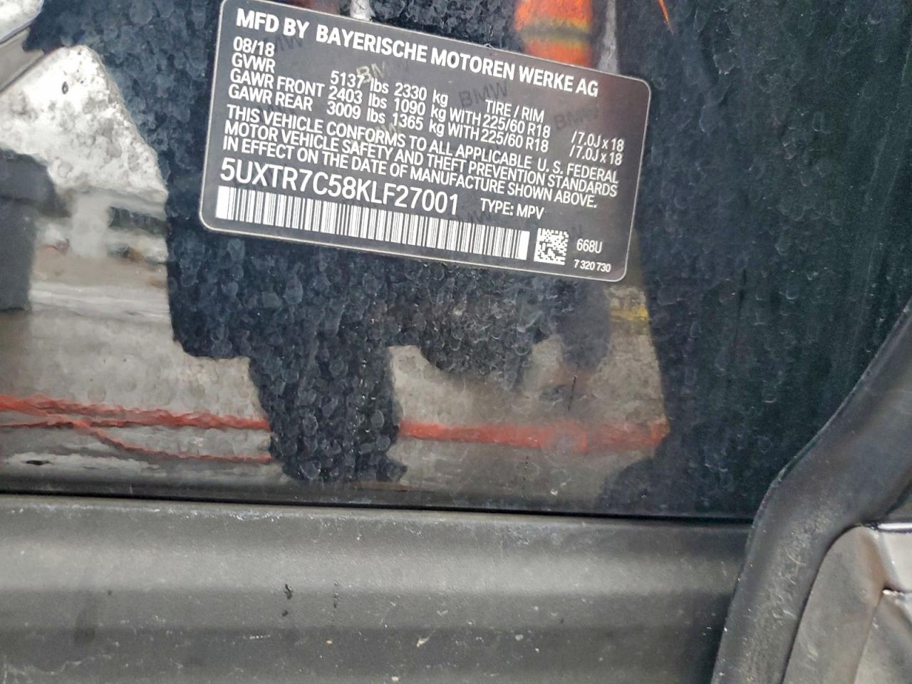 2019 BMW X3 Sdrive30I VIN: 5UXTR7C58KLF27001 Lot: 94146875