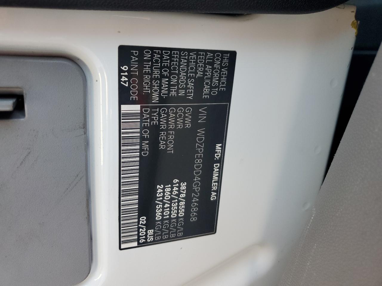 2016 Mercedes-Benz Sprinter 2500 VIN: WDZPE8DD4GP246868 Lot: 92577745