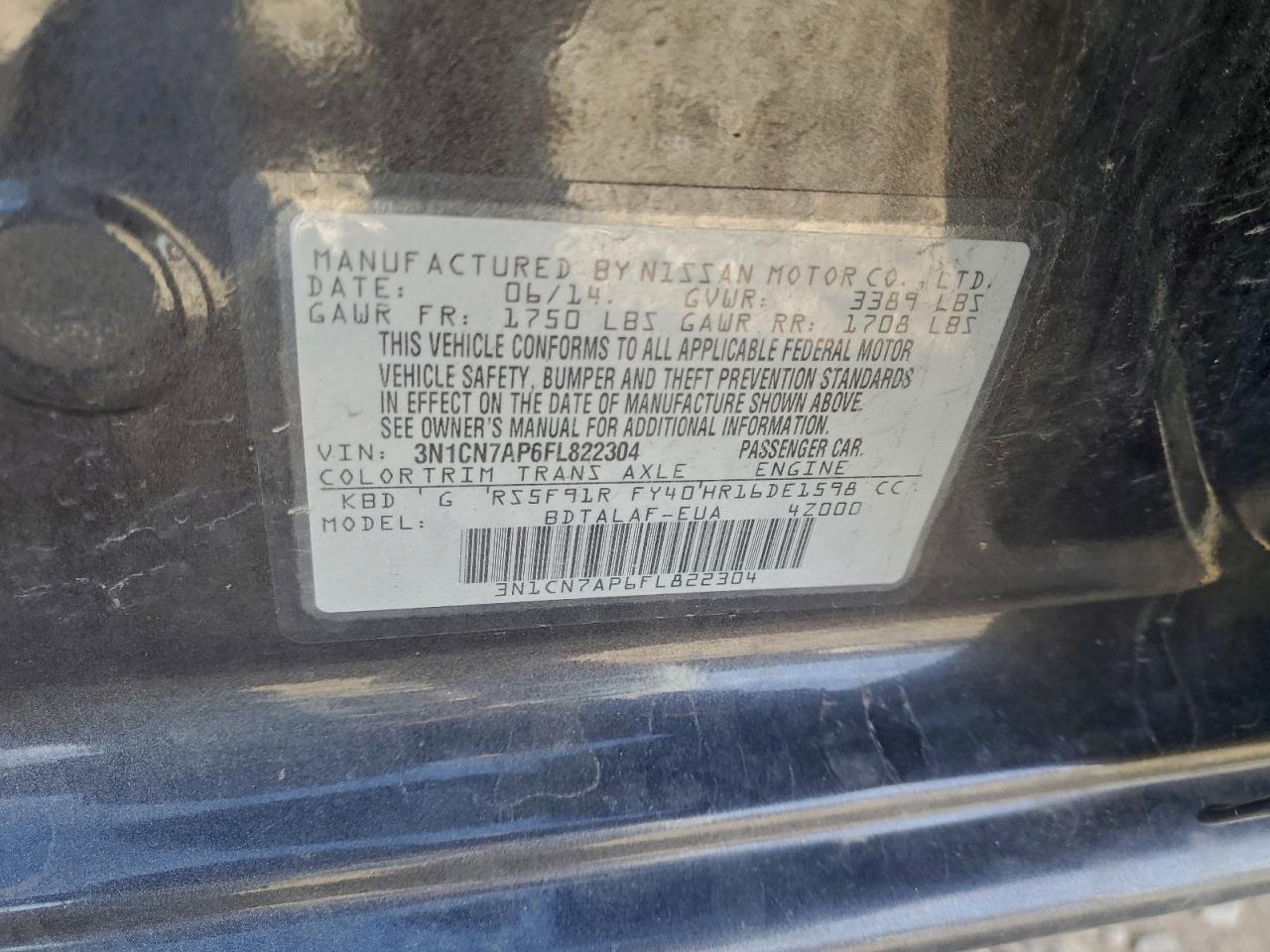 2015 Nissan Versa S VIN: 3N1CN7AP6FL822304 Lot: 94724135