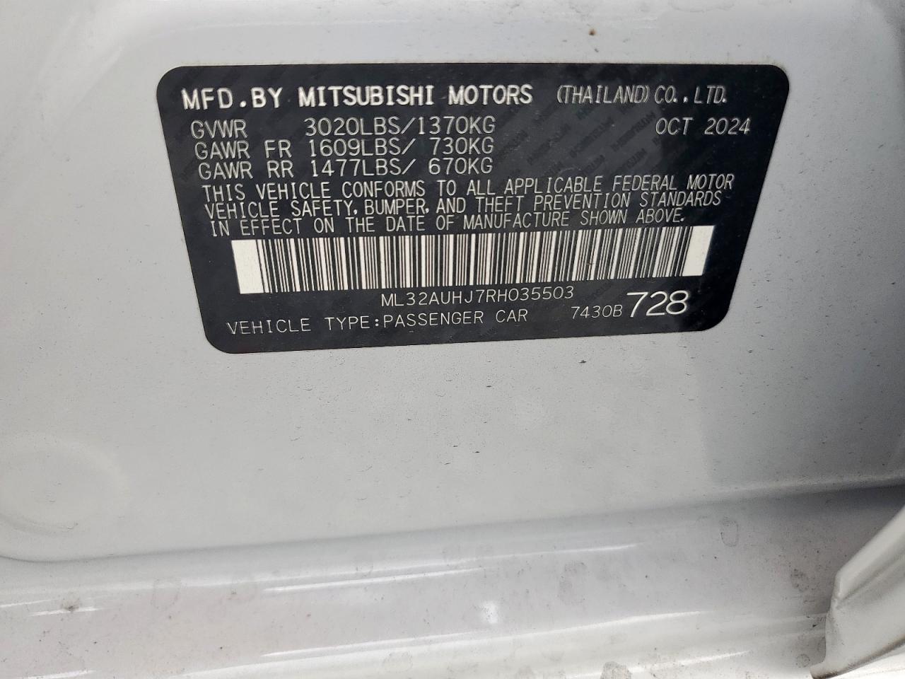 2024 Mitsubishi Mirage Es VIN: ML32AUHJ7RH035503 Lot: 92753945