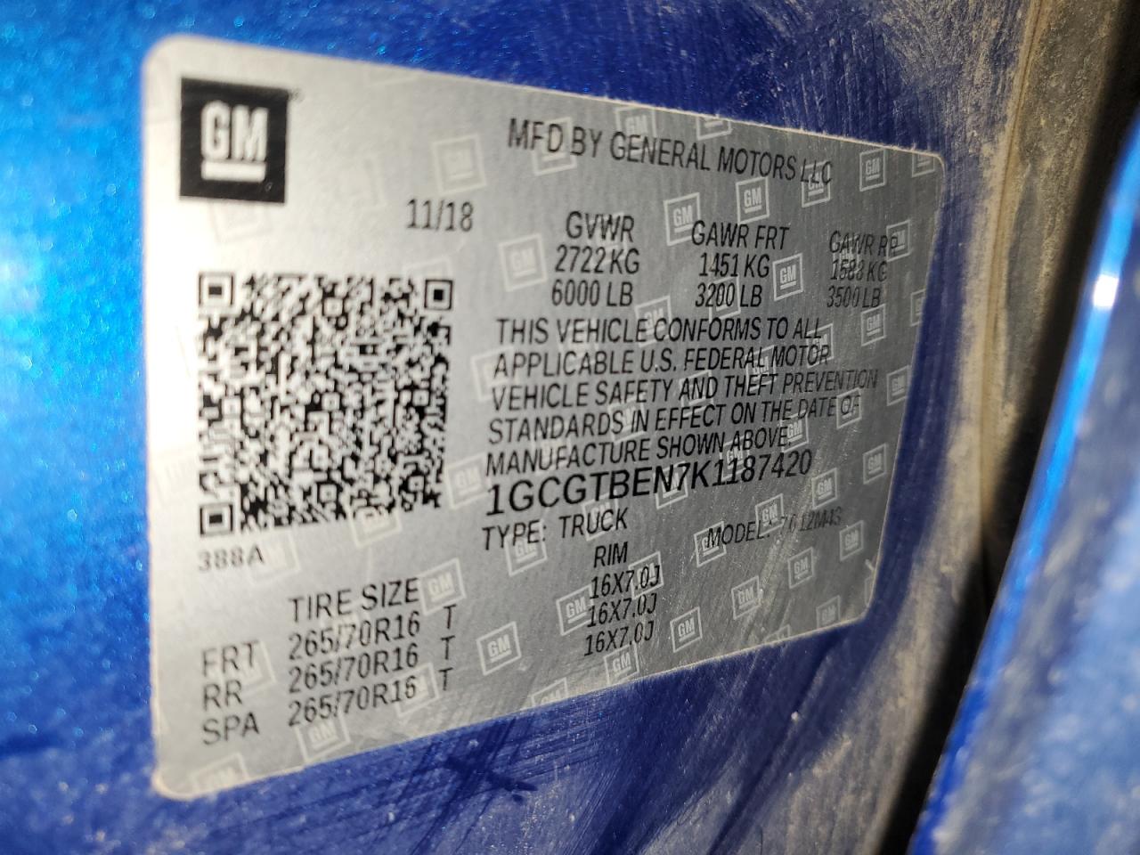 2019 Chevrolet Colorado VIN: 1GCGTBEN7K1187420 Lot: 91600855