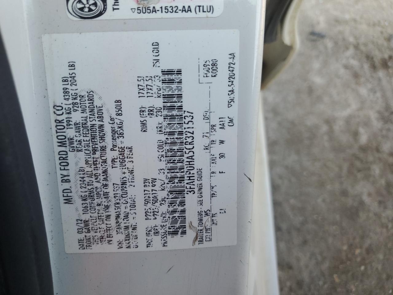 2012 Ford Fusion Se VIN: 3FAHP0HA5CR321537 Lot: 92891155