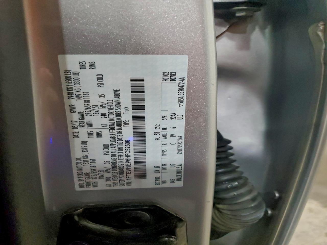 2017 Ford F150 Supercrew VIN: 1FTEW1EP6HFC52506 Lot: 94186945