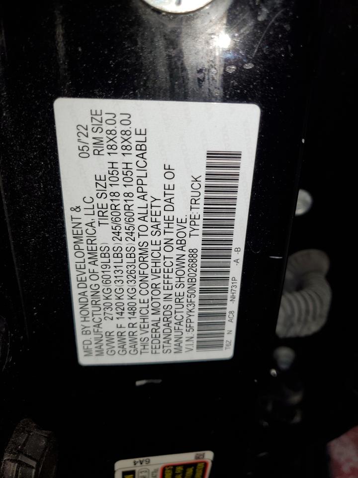 2022 Honda Ridgeline Rtl VIN: 5FPYK3F50NB026888 Lot: 91808145