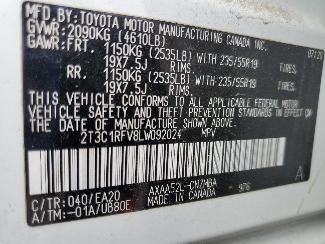 2020 Toyota Rav4 Xle Premium VIN: 2T3C1RFV8LW092024 Lot: 90687275