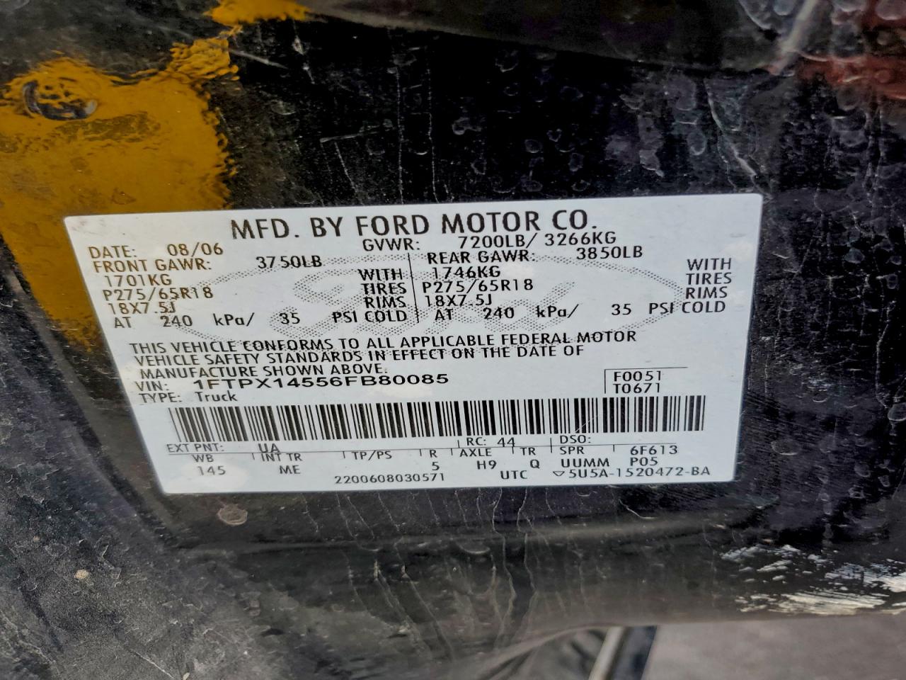 2006 Ford F150 VIN: 1FTPX14556FB80085 Lot: 94050475