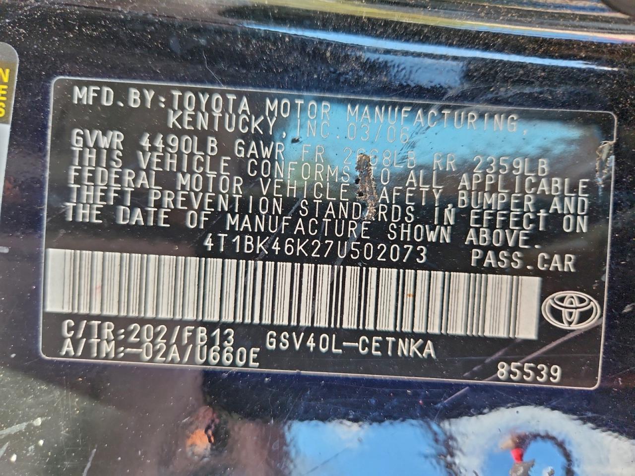 2007 Toyota Camry Le VIN: 4T1BK46K27U502073 Lot: 94452615