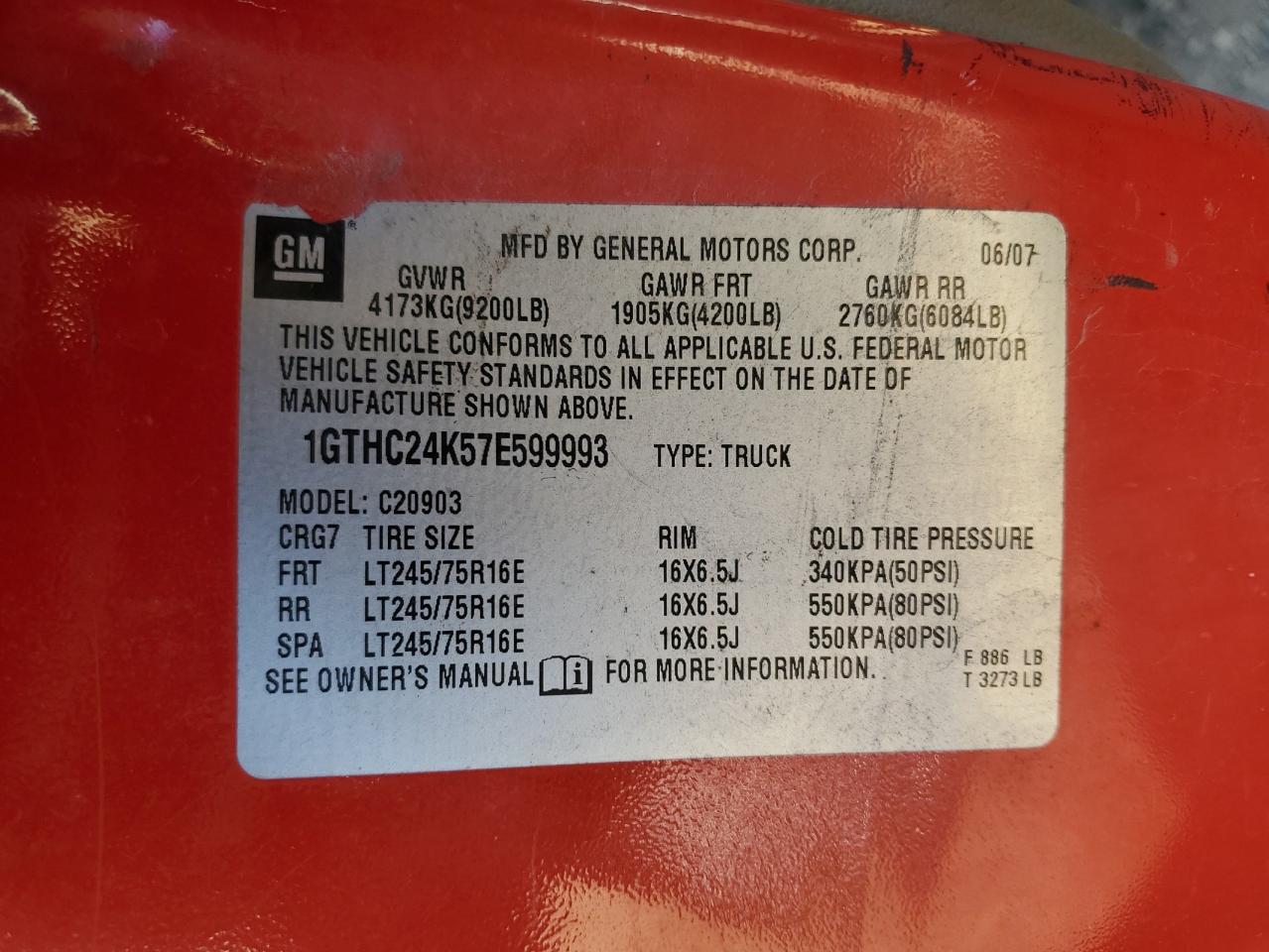 2007 GMC Sierra C2500 Heavy Duty VIN: 1GTHC24K57E599993 Lot: 91575555