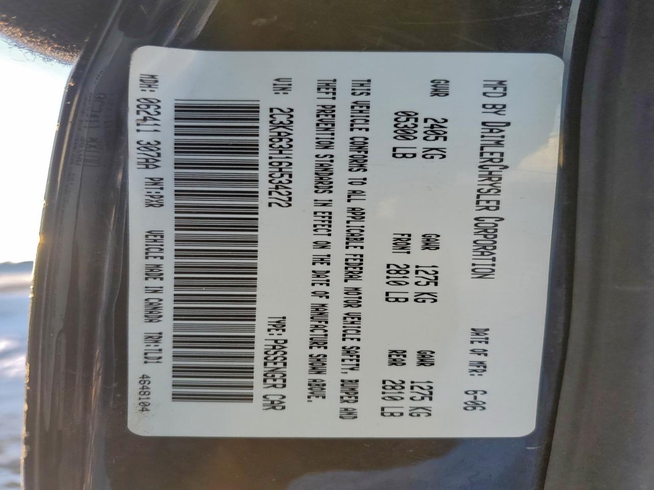 2006 Chrysler 300C VIN: 2C3KA63H16H534272 Lot: 93857345