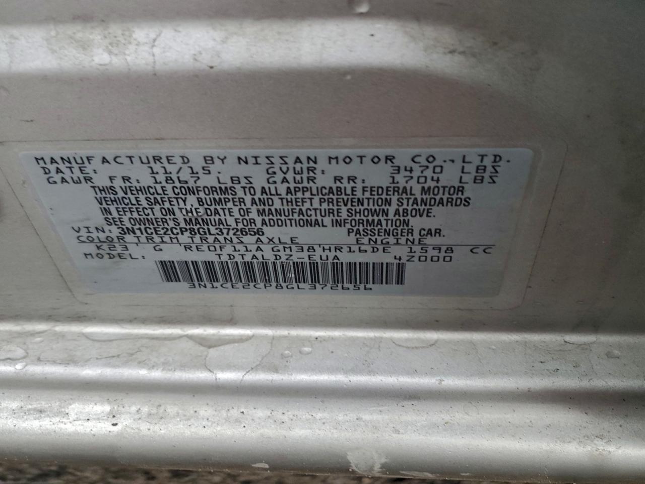 2016 Nissan Versa Note S VIN: 3N1CE2CP8GL372656 Lot: 94416155