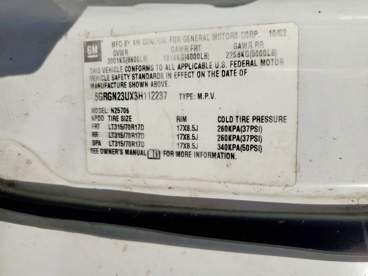 2003 Hummer H2 VIN: 5GRGN23UX3H112237 Lot: 92195395