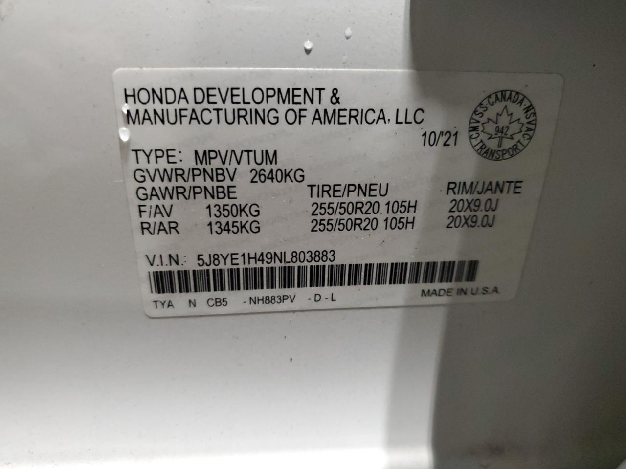 2022 Acura Mdx Technology VIN: 5J8YE1H49NL803883 Lot: 90900635