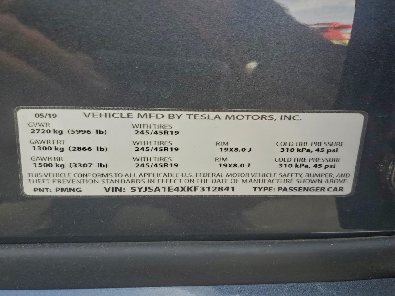 2019 Tesla Model S VIN: 5YJSA1E4XKF312841 Lot: 94122085