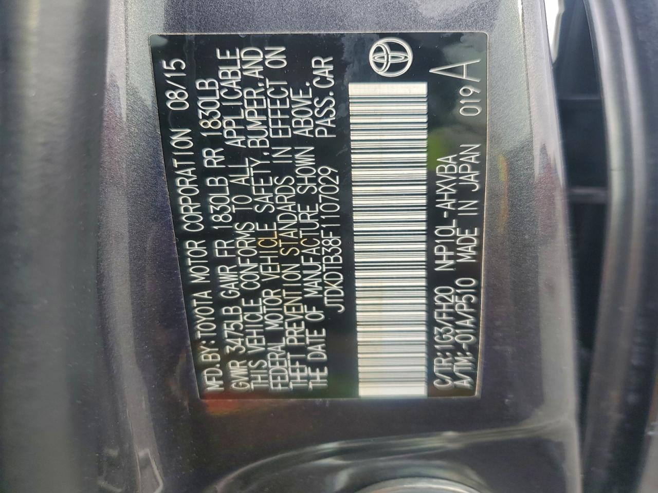 2015 Toyota Prius C VIN: JTDKDTB38F1107029 Lot: 93950725