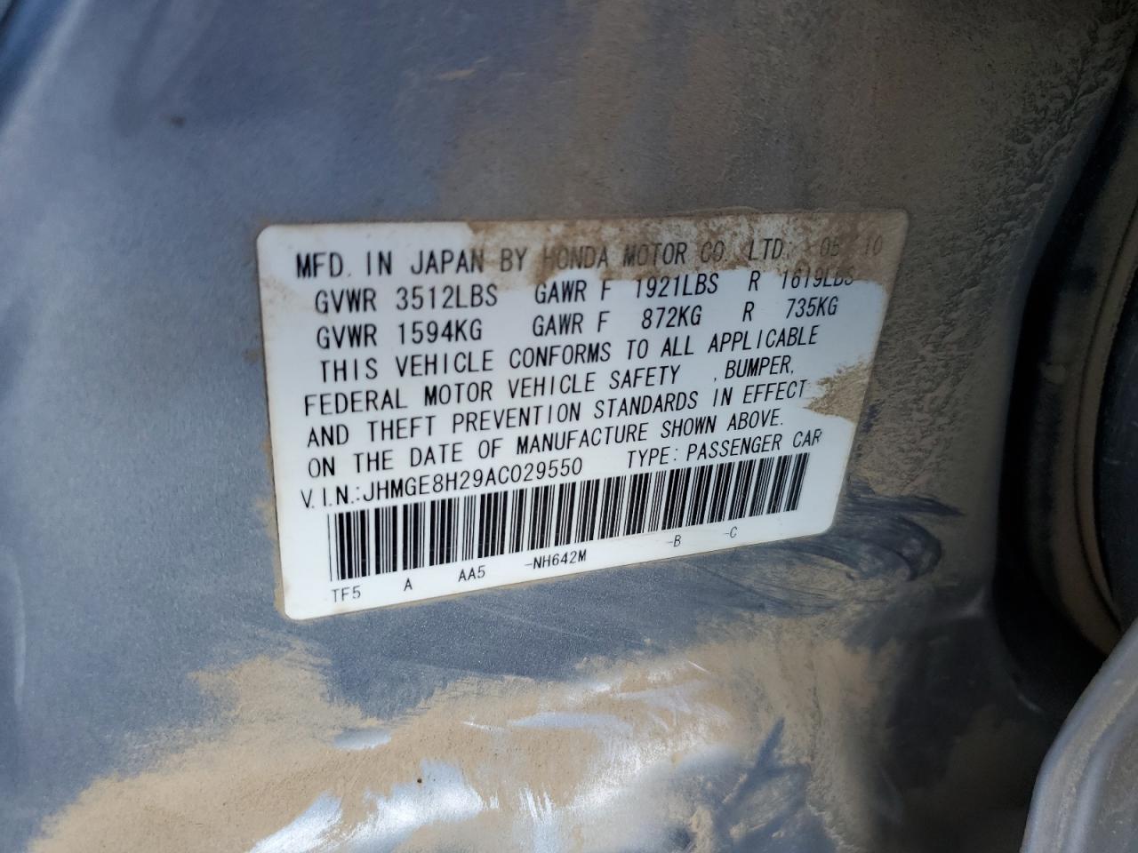 2010 Honda Fit VIN: JHMGE8H29AC029550 Lot: 91452825