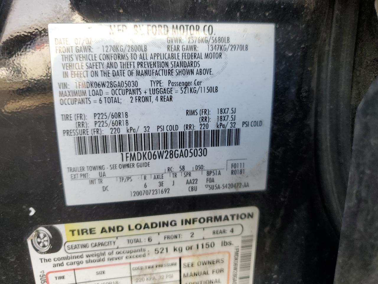 2008 Ford Taurus X Limited VIN: 1FMDK06W28GA05030 Lot: 92310895