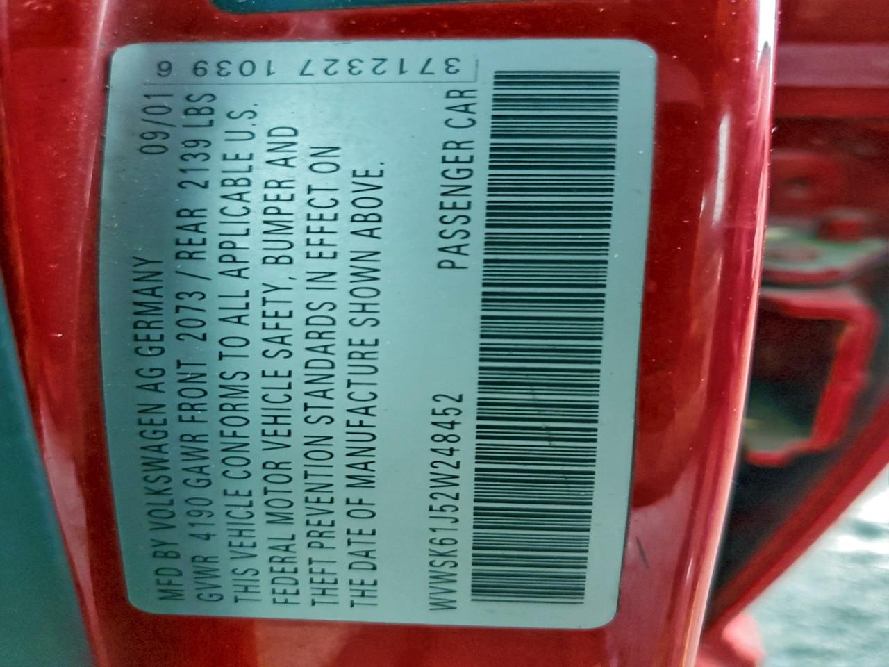 2002 Volkswagen Jetta Gls VIN: WVWSK61J52W248452 Lot: 94569865